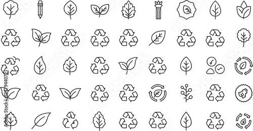 Eco friendly recycle icons, sustainability and nature line symbols, green leaf illustration, renewable environment vector set, ecological design elements