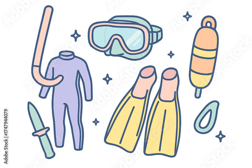Collection of essential scuba diving and snorkeling equipment including mask, fins, wetsuit, snorkel, and knife
