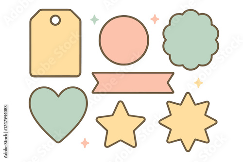 Cute pastel colored sticker shapes set including heart star circle tag and ribbon banner