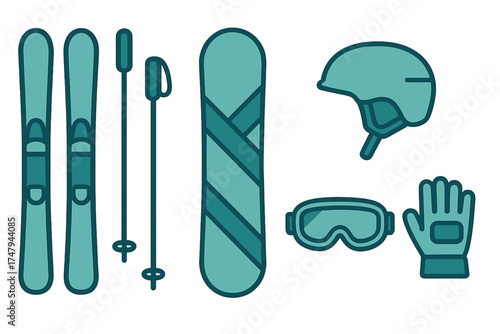 Collection of essential winter sports equipment including skis poles snowboard helmet goggles and glove