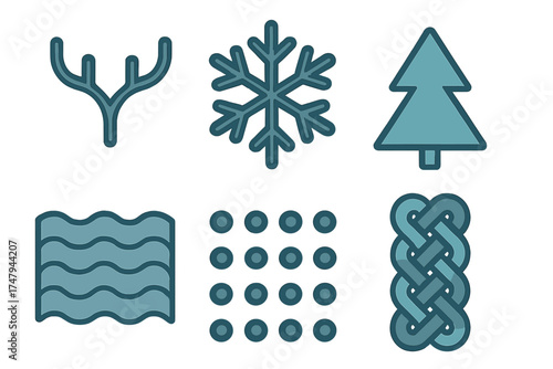 Minimalist set of six nature and geometric symbols featuring antler, winter snowflake, evergreen tree, and water waves