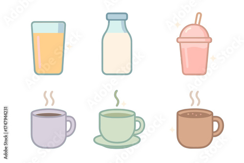 Set of cute pastel beverage icons showing coffee tea juice and milk