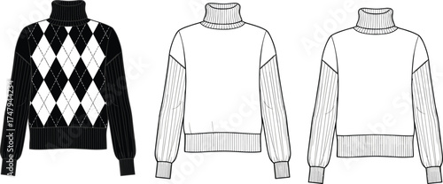 Technical fashion illustration of turtleneck sweaters front and back views with argyle pattern, ribbed cuffs, fitted silhouette, and plain variants