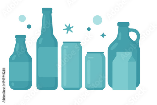 Assortment of beverage packaging containers including glass bottles, aluminum cans, plastic jug, and milk carton