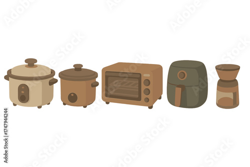Modern small kitchen appliances collection including rice cooker, slow cooker, toaster oven, air fryer, and grinder