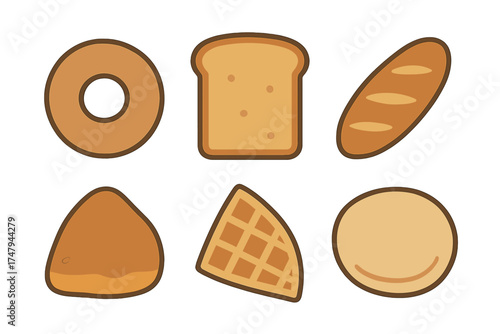 Six simple icons of baked goods including toast, bagel, baguette, and waffle