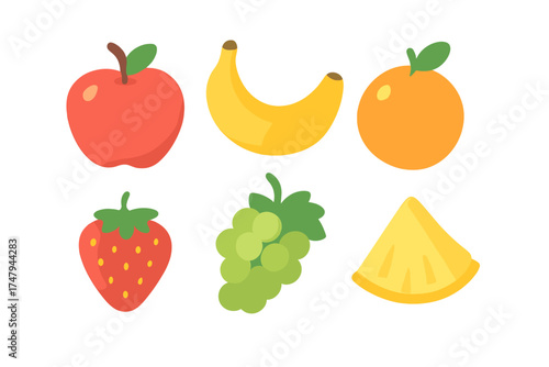 Assortment of six common fresh fruits apple banana orange strawberry grapes and pineapple slice