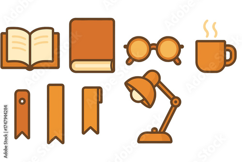 Essential objects for reading and study: books, eyeglasses, desk lamp, coffee mug, and bookmarks