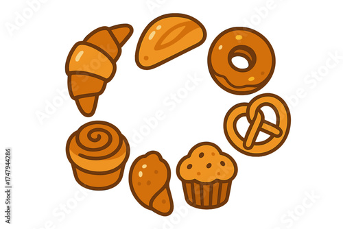 Circular frame of baked goods including croissant donut pretzel and muffin