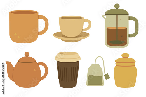 Collection of various hot beverage containers and brewing equipment including mugs, cups, teapots, and a French press