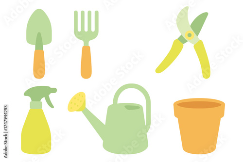 Set of essential gardening tools and supplies for planting and maintenance