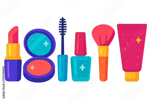 Vibrant set of essential makeup and beauty items including lipstick, powder, mascara, nail polish, brush, and lotion