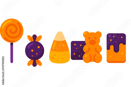 Colorful assortment of Halloween candies including lollipop candy corn and gummy bear treats