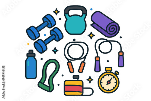 Colorful assortment of workout accessories including dumbbells kettlebell jump rope resistance band and yoga mat
