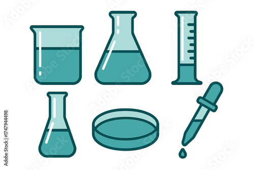 Essential chemistry laboratory glassware and tools set including beakers, flasks, and pipette