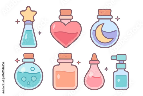 Assortment of fantasy magic potions in glass bottles with corks and mystical symbols