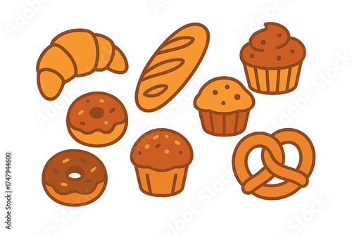 Fresh baked goods collection featuring croissant, baguette, donuts, muffins, and pretzel