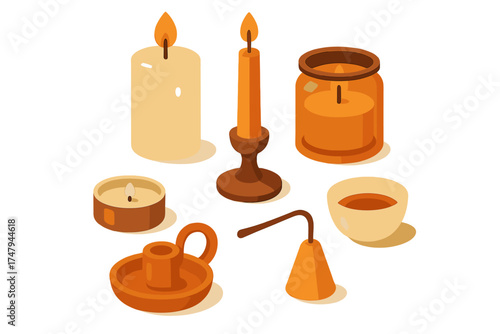 Set of burning candles and snuffer featuring tea light, pillar, taper, and jar candles in warm cozy colors