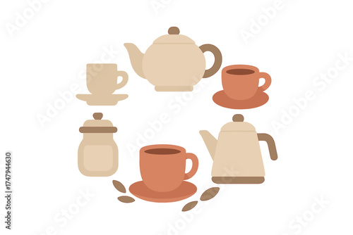 Minimalist collection of coffee and tea serving items teapots cups and saucers in neutral earthy tones