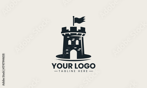 Robust black vector logo illustration of a medieval castle fortress with a flying flag creating a strong security brand symbol