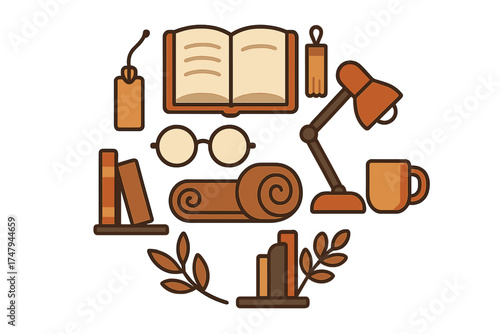 Open book, desk lamp, eyeglasses, and coffee mug arranged for reading and study
