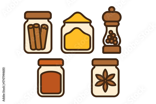 Assortment of essential kitchen spices including cinnamon sticks, turmeric, peppercorns, and star anise