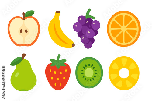 Colorful set of whole and sliced fruits including apple, banana, strawberry, kiwi, and pineapple