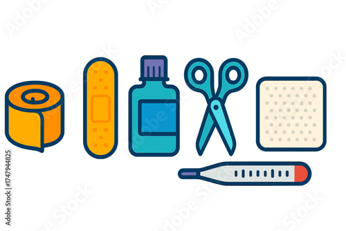 Essential first aid and medical supplies including bandage antiseptic scissors and thermometer