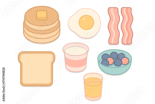 Cute isometric breakfast food icons set with pancakes bacon fried egg and juice