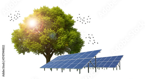 Solar panels and green tree with birds and sun flare
