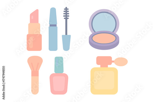 Essential beauty and cosmetic products set including lipstick mascara powder and perfume