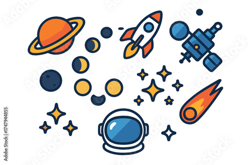 Colorful space exploration set featuring planets, rocket ship, satellite, and astronaut helmet