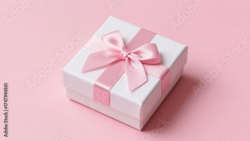 White gift box with pink ribbon on a pink background