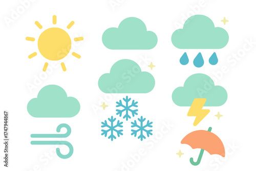Colorful set of weather condition symbols including sun cloud rain snow wind and lightning
