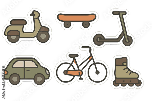 Set of personal transportation and mobility devices including car scooter bicycle and skateboard