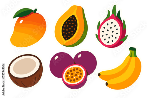 Stylized colorful exotic tropical fruits set including mango papaya dragon fruit and coconut