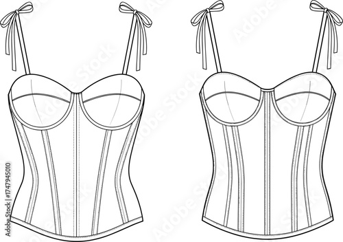 Technical fashion illustration of women’s corset top with structured cups, vertical seams, shoulder tie straps, and fitted silhouette front views