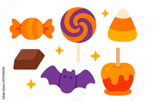 Collection of Halloween sweets including candy corn, caramel apple, lollipop, chocolate, and purple bat