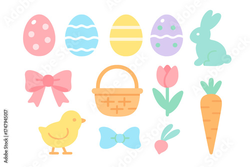 Cute pastel Easter eggs, bunny, chick, basket, tulip, and carrot spring elements