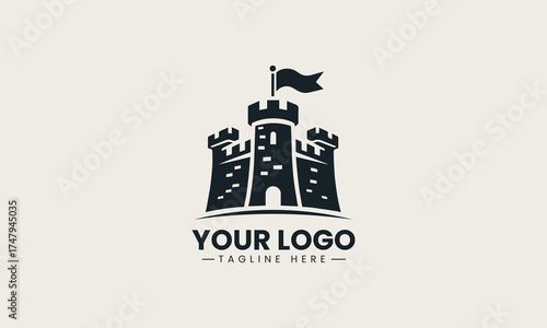Robust black vector logo illustration of a medieval castle fortress with a flying flag creating a strong security brand symbol