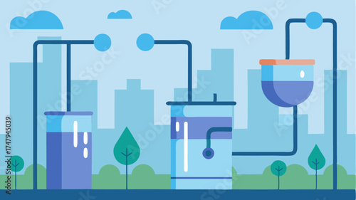 An innovative water purification system integrated into the urban landscape featuring transparent pipes and interactive displays showing water quality data to residents.
