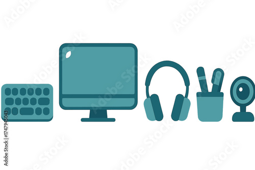 Modern desktop computer peripherals and office accessories in teal colors