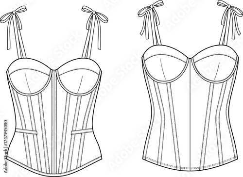 Technical fashion illustration of women’s corset tops with sweetheart neckline, underwire cups, vertical seams, ribbon straps, and welt pockets