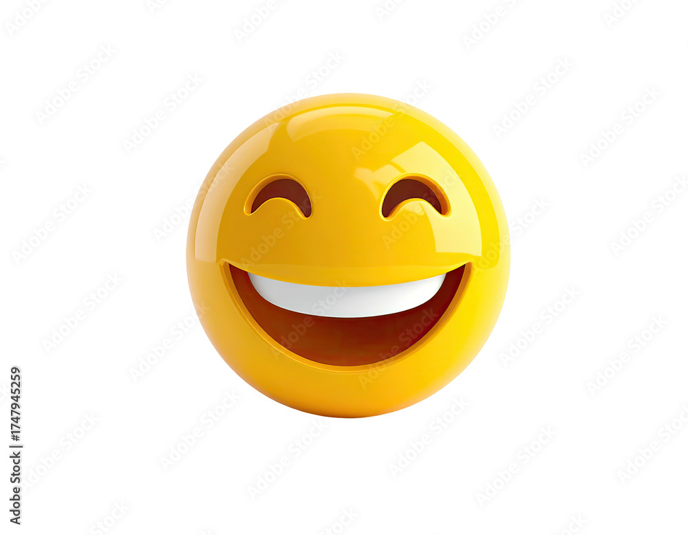 Fototapeta premium A shiny 3D yellow sphere with a wide smiling face against a black background