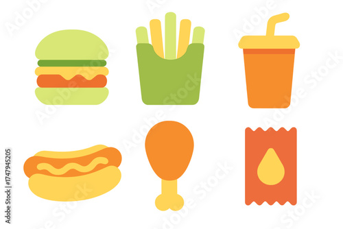 Minimalist flat design set of popular fast food items like hamburger and french fries