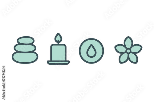 Stacked zen stones, burning aromatherapy candle, essential oil drop, and tropical flower symbols for spa and relaxation