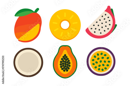 Colorful collection of six tropical fruits: mango, pineapple, dragon fruit, coconut, papaya, and passion fruit