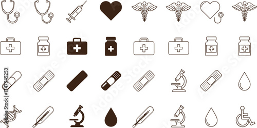 Medical icons collection, healthcare symbols, hospital elements, doctor tools, pharmacy illustration, health equipment, first aid, laboratory science, medicine concept