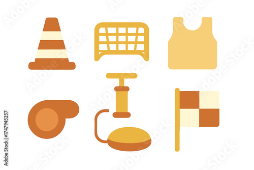 Sports training and game equipment featuring cone, goal net, jersey, whistle, pump, and checkered flag