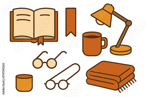 Cozy reading and study elements collection with open book, desk lamp, coffee mug, and blanket